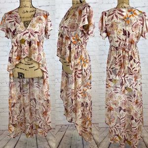 Windsor Semi Sheer Earthtone Floral Print Ruffled High Lo Top